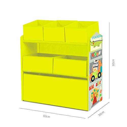 Lalaloom SWEET LUGGI - Estanteria infantil de madera (habitación para niños, mueble multifuncional, almacenaje con 6 cajas de tela para juguetes), 63x30x60 cm, color Verde