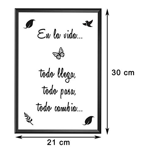 Lámina Decorativa para Enmarcar con Mensaje Optimista sobre la Vida [ Todo llega, Todo Pasa, Todo Cambia ] | Lámina Moderna en Blanco y Negro de Frases Positivas. Tamaño A4.