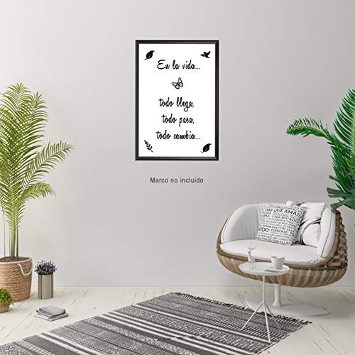 Lámina Decorativa para Enmarcar con Mensaje Optimista sobre la Vida [ Todo llega, Todo Pasa, Todo Cambia ] | Lámina Moderna en Blanco y Negro de Frases Positivas. Tamaño A4.
