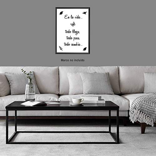 Lámina Decorativa para Enmarcar con Mensaje Optimista sobre la Vida [ Todo llega, Todo Pasa, Todo Cambia ] | Lámina Moderna en Blanco y Negro de Frases Positivas. Tamaño A4.
