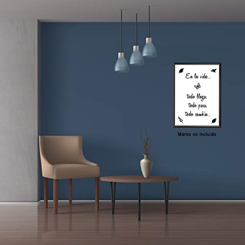 Lámina Decorativa para Enmarcar con Mensaje Optimista sobre la Vida [ Todo llega, Todo Pasa, Todo Cambia ] | Lámina Moderna en Blanco y Negro de Frases Positivas. Tamaño A4.
