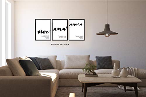 Láminas Decorativas con Marco [Vive, AMA, SUEÑA] |Set de 3 Láminas Modernas Estilo Nórdico de Frases Motivadoras en Blanco y Negro. Láminas Tendencia 2020 | 30 x 40 cm