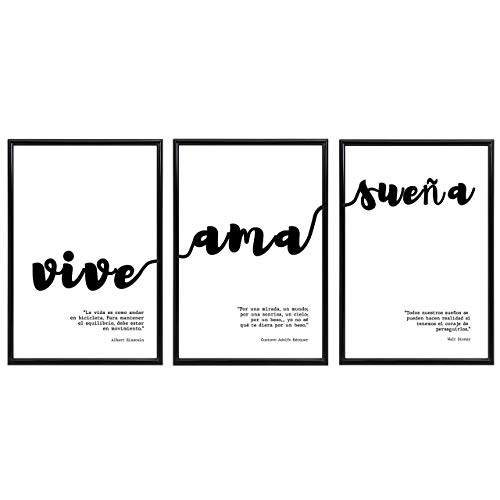 Láminas Decorativas con Marco [Vive, AMA, SUEÑA] |Set de 3 Láminas Modernas Estilo Nórdico de Frases Motivadoras en Blanco y Negro. Láminas Tendencia 2020 | 30 x 40 cm