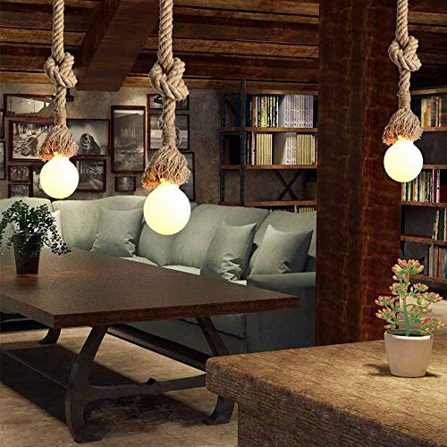 Lámpara colgante de techo, colgante1M Vintage Cuerda de cáñamo gruesa 220V,E27(sin bombilla) para salón,bar,lámpara de cuerda luces colgantes para el restaurante del dormitorio cafetería