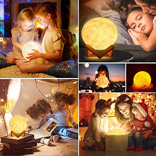 Lámpara de luna en 3D, 18 cm, recargable, grande, 16 luces LED, con soporte de madera, decoración de dormitorio, mesita de noche, idea de regalo para Navidad, cumpleaños