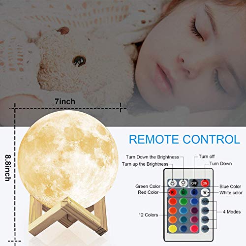Lámpara de luna en 3D, 18 cm, recargable, grande, 16 luces LED, con soporte de madera, decoración de dormitorio, mesita de noche, idea de regalo para Navidad, cumpleaños