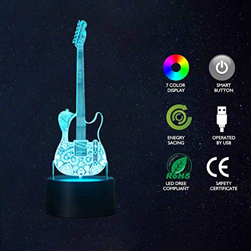 Lámpara de mesilla de noche con luces LED 3D Hexie, iluminación de 7 colores cambiante con botón táctil, regalo creativo, decoración ideal (guitarra)