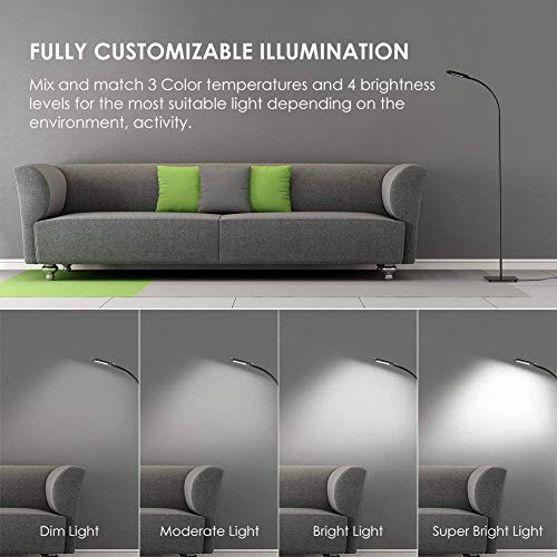 Lámpara de pie,luz de piso LED,lámpara de pie TECKIN de lectura Regulable para el dormitorio de la sala de estar,vida útil larga Luz de piso de control táctil,3temperaturas de color,brillo de 4niveles