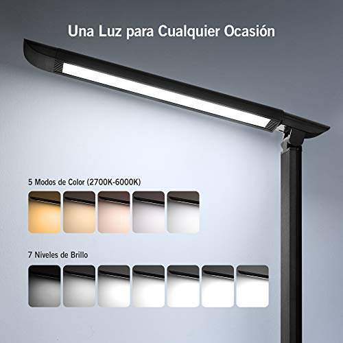 Lámpara Escritorio LED TaoTronics Flexo de Escritorio 12W Regulable (Cuidado a Ojos, Puerto USB 5V/ 1A, 7 Niveles de Brillo x 5 Modos, Control Táctil, Bajo Consumo de Energía, Ángulo Ajustable) Negro