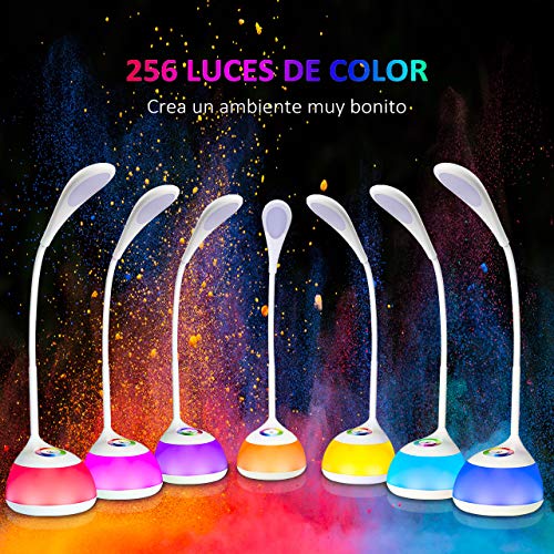 Lampara LED Escritorio Infantil USB Recargable 2000mAh, VicTsing Flexo Escritorio con 3 Niveles de Intensidad, Luz Ambiental Nocturna de 256 Colores, Brazo Flexible para Estudio, Lectura y Quitamiedos