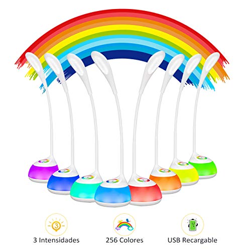 Lampara LED Escritorio Infantil USB Recargable 2000mAh, VicTsing Flexo Escritorio con 3 Niveles de Intensidad, Luz Ambiental Nocturna de 256 Colores, Brazo Flexible para Estudio, Lectura y Quitamiedos