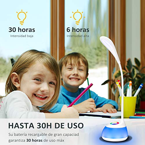 Lampara LED Escritorio Infantil USB Recargable 2000mAh, VicTsing Flexo Escritorio con 3 Niveles de Intensidad, Luz Ambiental Nocturna de 256 Colores, Brazo Flexible para Estudio, Lectura y Quitamiedos