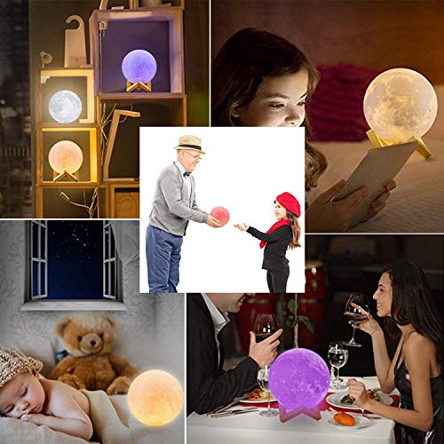 Lámpara Luna 3D Printing, 3D.Mr.Señor [Versión Última ]20CM16 Colores USB Cambio de 3D Lámpara de Control de Luz de Luna con Soporte de Madera para Dormitorio, Regalo de Fiesta