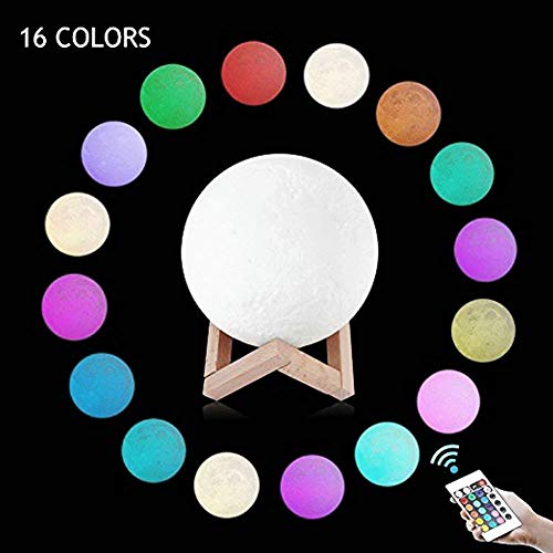 Lámpara Luna 3D Printing, 3D.Mr.Señor [Versión Última ]20CM16 Colores USB Cambio de 3D Lámpara de Control de Luz de Luna con Soporte de Madera para Dormitorio, Regalo de Fiesta