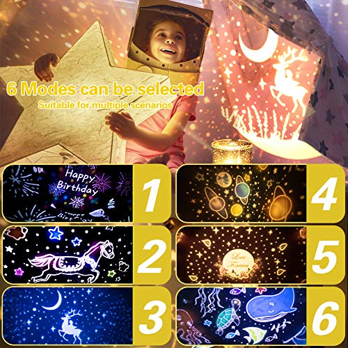 Lámpara Proyector Estrellas, 360° Rotación Músic Lampara con 6 Películas de Proyección, Proyector Bebe Lampara Bebe Romántica luz de la Noche Para BeBés Dormitorio Sala