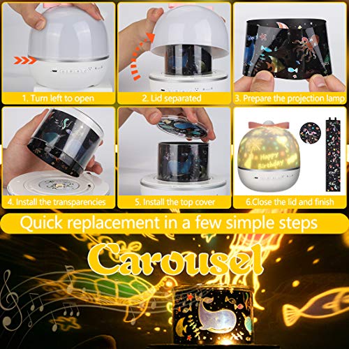 Lámpara Proyector Estrellas, 360° Rotación Músic Lampara con 6 Películas de Proyección, Proyector Bebe Lampara Bebe Romántica luz de la Noche Para BeBés Dormitorio Sala
