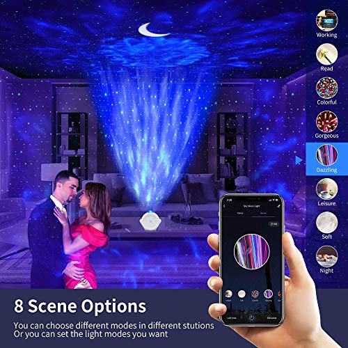Lámpara Proyector Estrellas Bebe【WIFI inteligente】 Luz LED Nocturna con Agua Ola,LED Luna,Control Tactil o Por Voz Temporizador para Niños Adultos Halloween Acción Gracias Navidad Cumpleaños