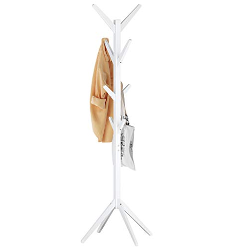 LANGRIA Perchero Bambú de Pie Tipo Árbol con 8 Ganchos en 4 Niveles y Pies Sólidos para Colgar Abrigos Gorros Chaquetas Gabardinas (Blanco)