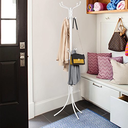 LANGRIA Perchero de Pie Metálico Tipo Árbol Acabado Elegante 16 Ganchos para Colgar Abrigos Chaquetas Accesorios para Pasillo Entrada Habitación Vestíbulo Oficina (Blanco)