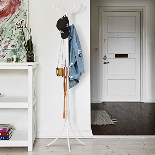 LANGRIA Perchero de Pie Metálico Tipo Árbol Acabado Elegante 16 Ganchos para Colgar Abrigos Chaquetas Accesorios para Pasillo Entrada Habitación Vestíbulo Oficina (Blanco)
