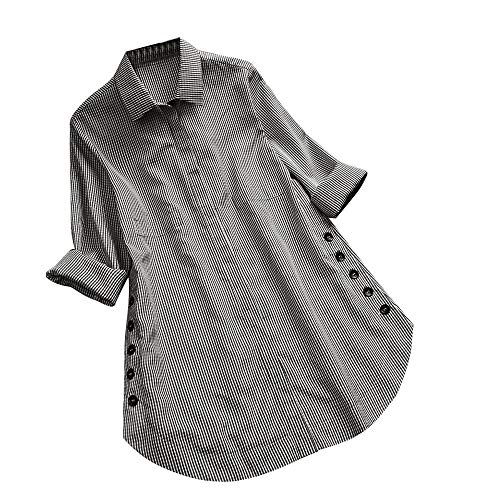 LANSKIRT Camisa de Las Mujeres Impresión de Cuadros Manga Larga Tallas Grandes Loose Casual Blusa con Botones en la Parte Superior del botón de Bolsillo