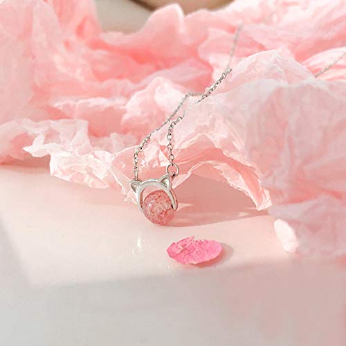 LAOGEFJ Collar Dulce Gato Lindo Cadena De Clavícula De Cristal De Fresa Truco Femenino Flor De Durazno Collar De Cristal Regalo De Temperamento De Moda Corta