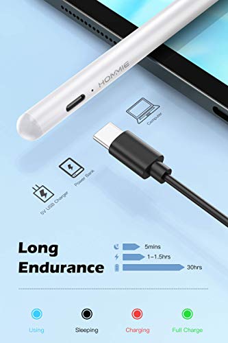 Lápiz Para Pantalla Táctil, 1.0mm Lápiz para ipad 2018/2019/2020, Lápiz Stylus de Rechazo de Palma Lápiz, Stylus Pen con 2 Tapas Ultrafinas, Lapiz Táctil con Función Detección de Inclinación, Blanco