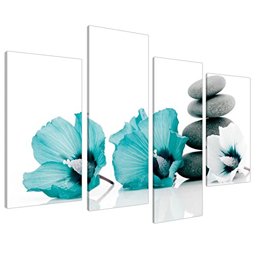 Large Teal Flower Floral Canvas Wall Art Pictures 130cm Set XL 4072 by Wallfillers