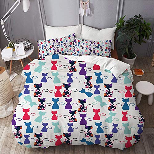 LASINSU Funda De Edredón,Animales bebé Gato en Colores con Estampado de patrón de Gatitos Divertidos Flores，3 Pcs Ropa de Cama Funda Nórdica Sábana Bajera (140 * 200CM)