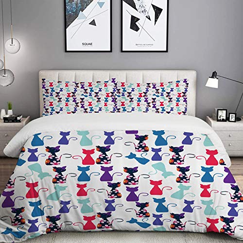 LASINSU Funda De Edredón,Animales bebé Gato en Colores con Estampado de patrón de Gatitos Divertidos Flores，3 Pcs Ropa de Cama Funda Nórdica Sábana Bajera (140 * 200CM)