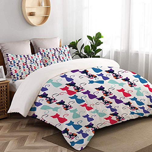 LASINSU Funda De Edredón,Animales bebé Gato en Colores con Estampado de patrón de Gatitos Divertidos Flores，3 Pcs Ropa de Cama Funda Nórdica Sábana Bajera (140 * 200CM)