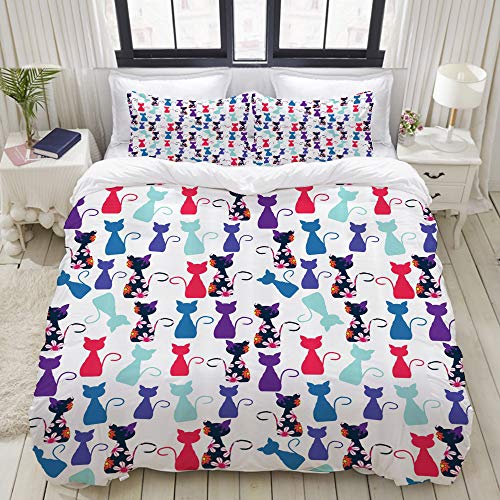 LASINSU Funda De Edredón,Animales bebé Gato en Colores con Estampado de patrón de Gatitos Divertidos Flores，3 Pcs Ropa de Cama Funda Nórdica Sábana Bajera (140 * 200CM)