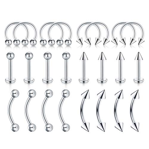 LAURITAMI 20pcs Pack de Piercing Labio Nariz Ombligo Lengua Industrial Ceja Oreja Helix Tragus Perno Aros Plata Barbell Acero Inoxidable 14G 16G Anillos Pendientes Cuerpo Joyas