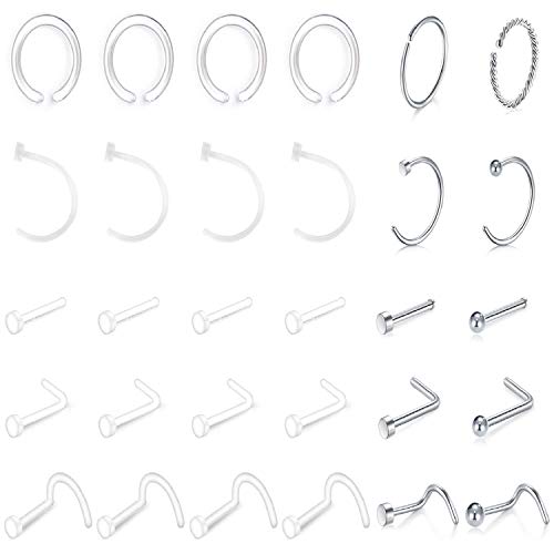 LAURITAMI 30pcs Piercing Nariz Retenedor Transparente 20G Bioflex Acrilico Perno Nostril Barra Aros Fino Pequeño Set Pack Joyas