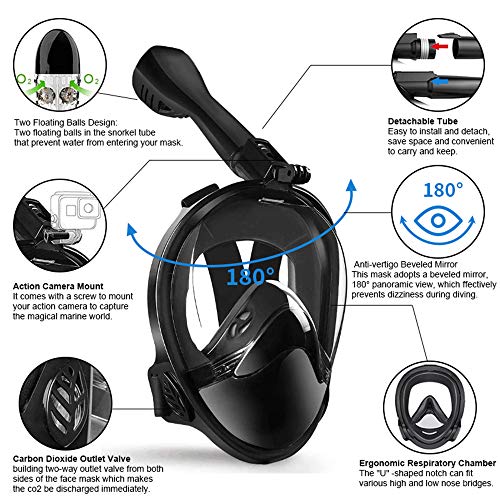 LBHMEI - Máscara de Buceo Completa con Campo de visión de 180°, máscara Completa de Buceo con Soporte para cámara, antivaho, antifugas, Adecuado para Adultos y niños (Negro, L/XL)