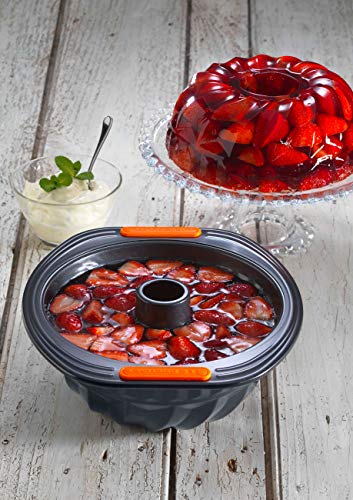 Le Creuset Molde bundt redondo, diametro 22 cm, Libre de PFOA, Resistente a ácidos, Revestimiento de acero al carbono, Gris y Naranja