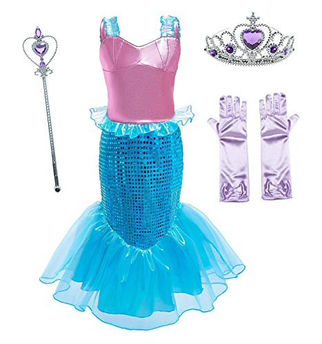 Le SSara Vestido de Fiesta de Lentejuelas de Disfraces de Princesa Ariel para Niñas con Accesorios para Niños (120(5-6 años), D76+Pur1)