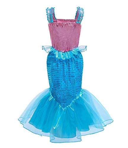 Le SSara Vestido de Fiesta de Lentejuelas de Disfraces de Princesa Ariel para Niñas con Accesorios para Niños (120(5-6 años), D76+Pur1)