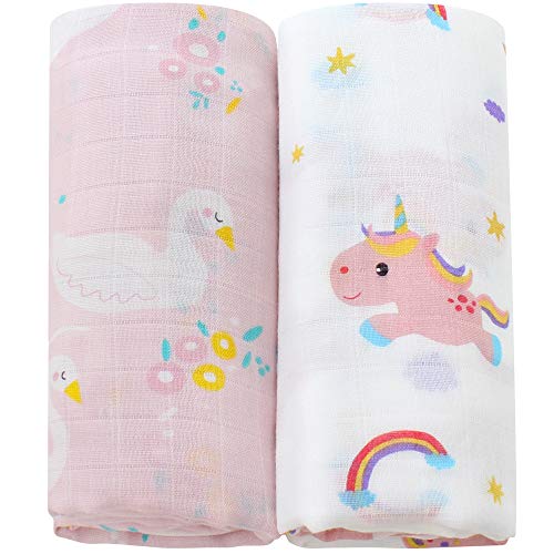 Lebze Muselina Manta Bebé | Mantas de Muselina de Bambú Algodón | 120x120 cm Pack de 2"Unicornio y Cisne"