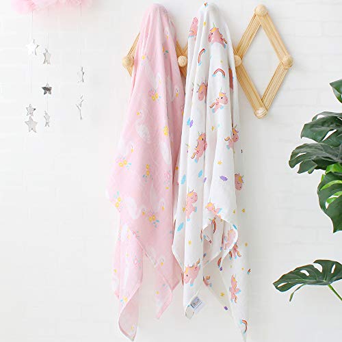 Lebze Muselina Manta Bebé | Mantas de Muselina de Bambú Algodón | 120x120 cm Pack de 2"Unicornio y Cisne"