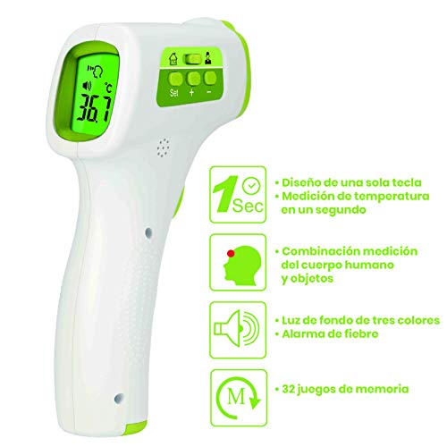 LED ATOMANT Termómetro Infrarrojo Profesional sin Contacto con lecturas precisas de 0,2 Grados C. Medición en Frente Desde 5 cm con máxima precisión. Calidad Medica.