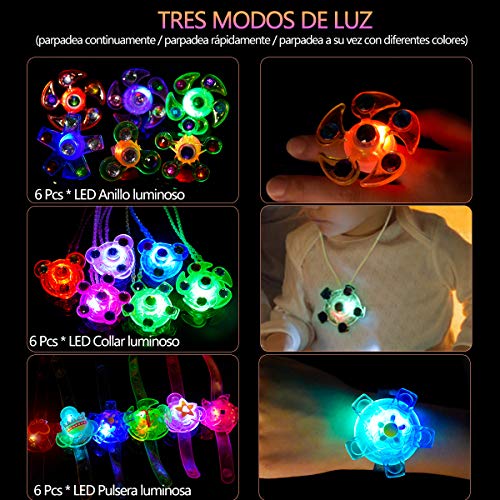 LED Favores de Fiesta Halloween para Niños Pulseras Luminosas Anillos Luminosos Collares para Niños Juguete Luminoso Premio para Estudiantes, Artículo de Cumpleaños, Suministro de Navidad, 18 Piezas