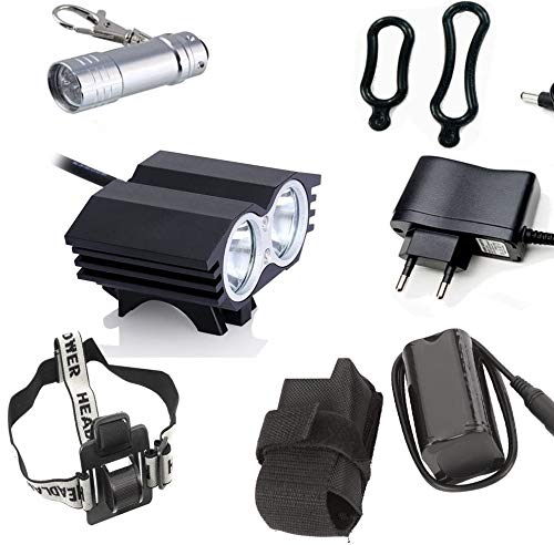 LED Luz Blanco Camping,Linterna LáMPARA para bicicletas bici CREE XM-L U2 - Luz LED frontal para manillar de bicicleta (2 focos, 5000 Lumens, 4 modos) con Llavero Linterna