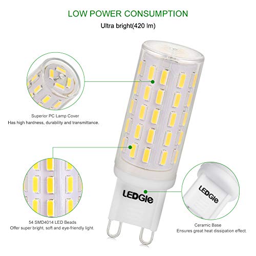 LEDGLE Bombillas LED G9 6W, No Regulable 54LEDs Blanco Frío 6000K Sin Parpadeo, 60W Bombilla Halógena Equivalente, Pack de 5