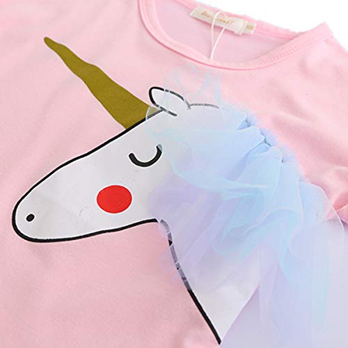 Lee Little Angel Pequeña niña Unicornio Casual Encaje Vestido Suave Camiseta Arcoiris Falda (5-6 años de Edad, Rosa)