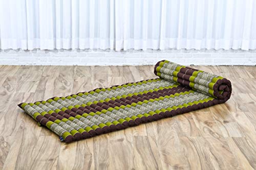 Leewadee Colchoneta Thai Enrollable, 200x76x5 cm, Colchón De Invitados Esterilla De Yoga Futon Masaje Thai Colchoneta De Dormir Orgánico Naturalmente Ecológico, Capok, marrón Verde