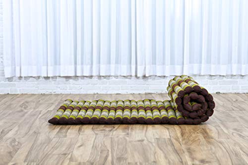 Leewadee Colchoneta Thai Enrollable, 200x76x5 cm, Colchón De Invitados Esterilla De Yoga Futon Masaje Thai Colchoneta De Dormir Orgánico Naturalmente Ecológico, Capok, marrón Verde