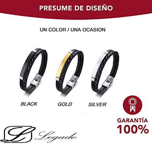 LEGADO Pulsera Hombre, Cuero PU y Acero Inoxidable, Brazalete Vikingo Chico Negra combinable con Anillo Pendiente Collar Colgante o Tobillera muñequera, Personalizable (Silver 21,5)