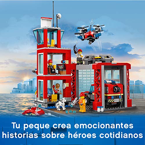 LEGO City Fire - Parque de Bomberos, estación de juguete para construir, incluye camión, moto acuática y dron (60215)