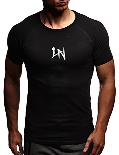 Leif Nelson Camiseta para Hombre con Cuello Redondo de Gimnasia Ropa de Deporte LN-8041N Negro-Gris Large